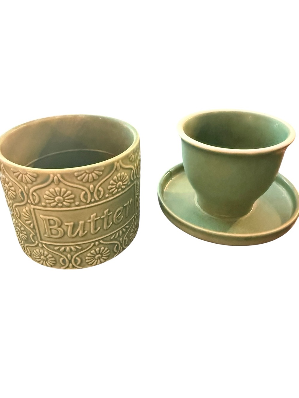 Vintage Style Sage Green Floral Ceramic Butter Bell Crock Farmhouse Cottage Kitc